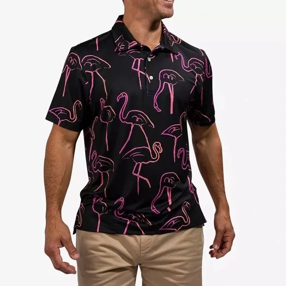 CHUBBIES The Pretty Pallet Performance Flamingo Print Golf Polo Size Large VGUC - Picture 1 of 5